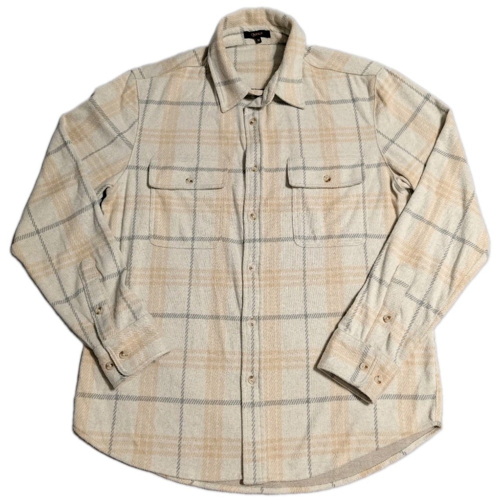 Quince Stretch‎ Sweater Fleece Shirt Womens M Oatmeal Check Plaid Button Up